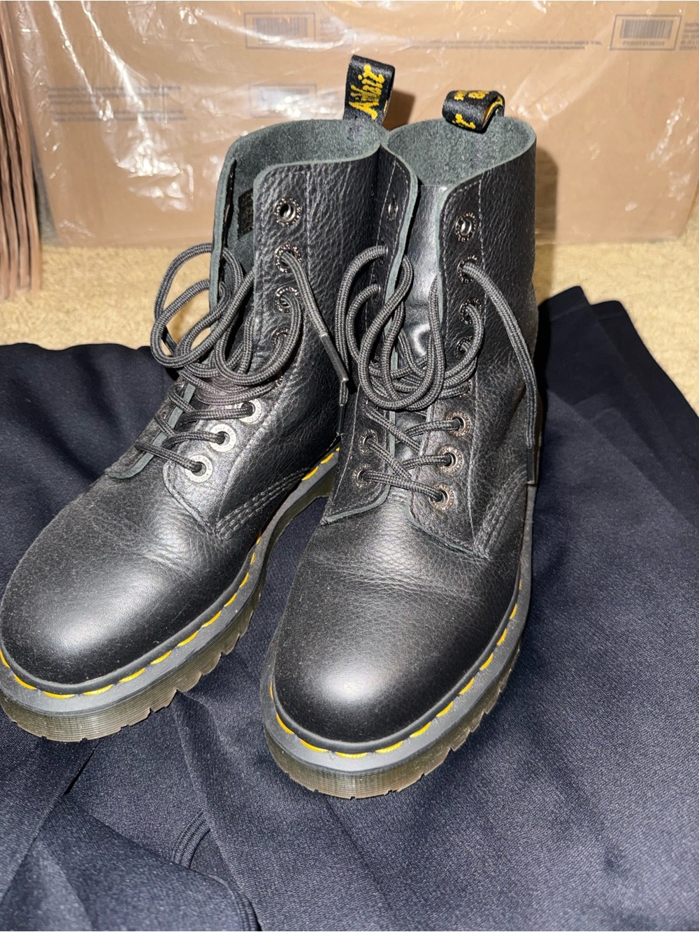 Dr. Martens Black Leather Lace-Up Combat Boots with Yellow Stitching